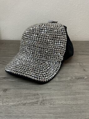 Bling Rhinestone Bedazzled Baseball Cap Silver Studded Adjustable Black Hat NEW